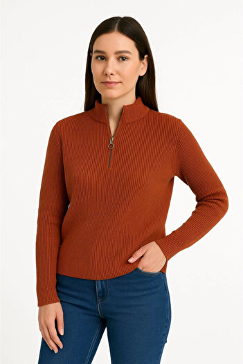 REKA MODA Women's Half-Zip Knit Sweater – Thessaloniki Knit, Stand-Up Collar, Cotton Woven, Oversized Long