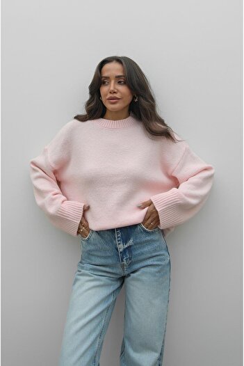 Havoş Pink Mary Crew Neck Oversize Knit Sweater