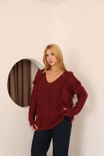 AYASOFYA OTANTIK Women's Burgundy V-Neck Tassel Detailed Long Sleeve Distressed Loose Cotton Knitwear Sweater