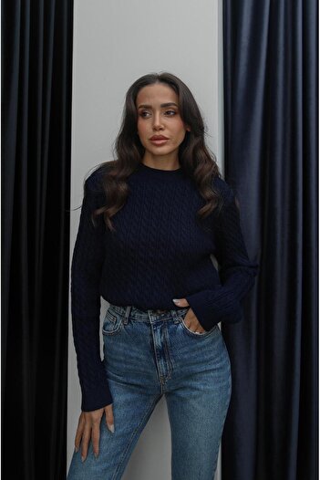 Havoş Navy Blue Tuti Hair Braided Sweater