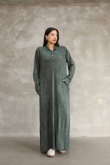 AYASOFYA OTANTIK Women's Khaki Buttoned Shirt Collar Long Sleeve Distressed Detail Loose Cotton Knit Long Dress