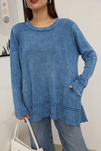 AYASOFYA OTANTIK Women's Blue Pocketed Vintage Detailed Oversized Loose Cotton Knit Sweater Blouse