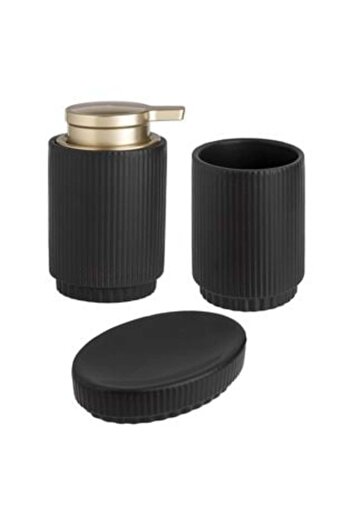 SHOPIENS Ceramic Bathroom Set Black with Embossed Stripe - 3 pcs