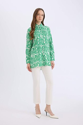 DeFacto Relax Fit Shirt Collar Patterned Viscose Long Sleeve Tunic D7348Ax25Sp