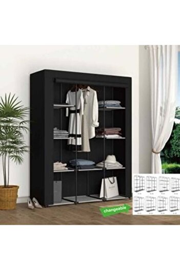 Jumbo Textile Wardrobe Black with Metal Frame 131 x 46 x 169 cm