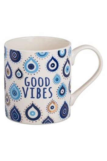 SHOPIENS White Ceramic Mug with Drop Eye Patterns and 'Good Vibes' Message, 370ml