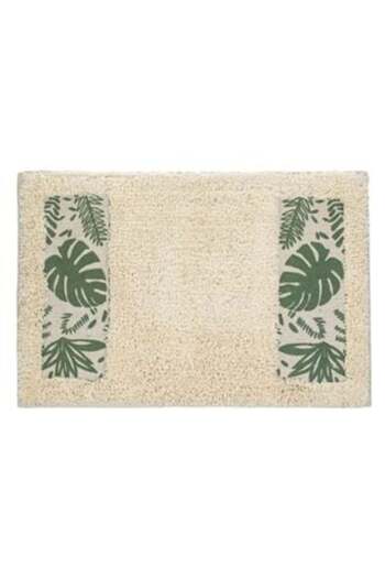 SHOPIENS Cotton Bath Mat Beige with Green Tropical Leaves 60 x 40 cm