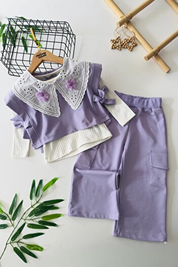 Minigimin Cicileri My Little One's Cicileri Daisy Knitted Detailed 3-Piece Girl's Set - Lilac