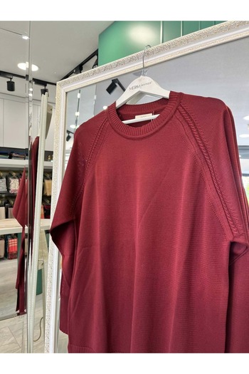 MERAM BUTİK Adn Thin Knit Tunic with Hair Braiding - Burgundy - 2