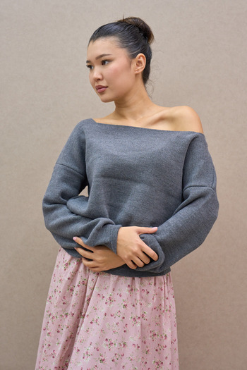 KÜÇÜĞÜM BUTİK Gray Boat Neck Oversize Knit Sweater