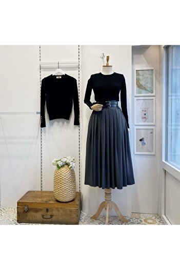 Faya Boutique Gray Double Belted Wool Effect Skirt