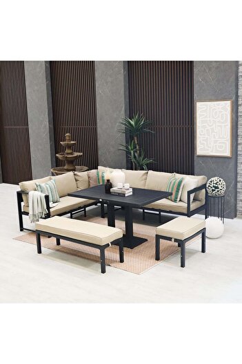 Danube Home Arial 9-Seater Outdoor Sofa cum Dining Set - Elegant Beige Steel Frame with Cushions