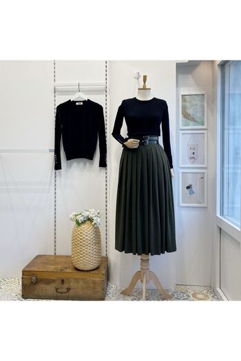 Faya Boutique Green Double Belted Wool Effect Skirt
