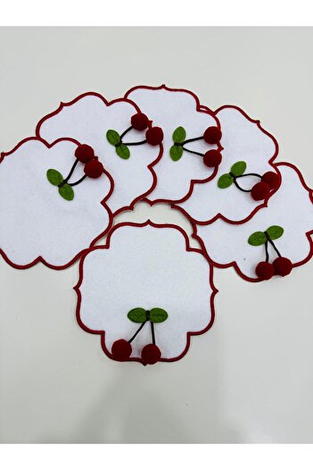İNCİ ÇEYİZ 6 Pieces of Artificial Cherry Detailed Coffee Side Cocktail Napkins & Coasters.