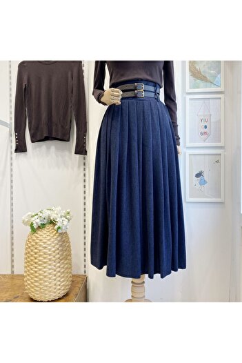 Faya Boutique Navy Blue Double Belted Wool Effect Skirt