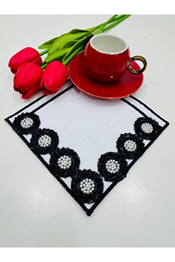 İNCİ ÇEYİZ 2 Pieces of Crystal Bead Embroidered Coffee Side Cocktail Napkins & Coasters.