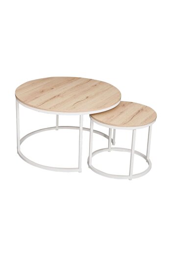 Danube Home Asgard Set of 2 Round Coffee Tables - Stylish Oak/White Design, Engineered Wood & Metal