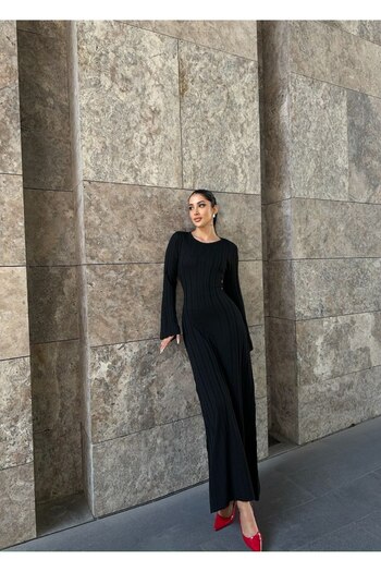 MODAMERSİ Women's Black Self-Belted Spanish Sleeve Knitwear Dress