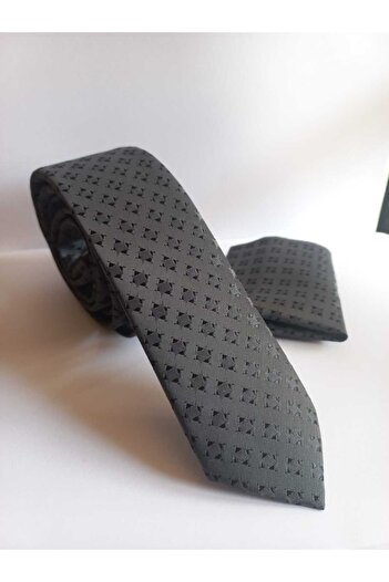 Kravatistan Anthracite Square Patterned Thin Tie and Handkerchief Set
