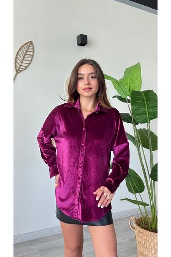 modadagiyim Women's Long Sleeve Button down Loose Casual Velvet Shirt