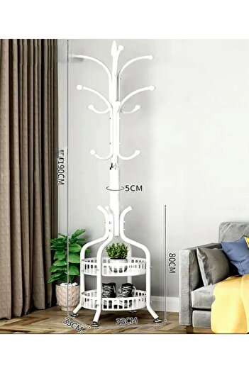 Un Clothes rack with 2 shelves and several hooks for storage, white