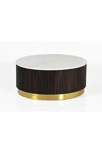 Danube Home Latymer Round Marble Top Coffee Table - White/Walnut/Gold, Solid Wood, Stylish Living Room Accent