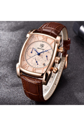 Benyar Men's Watch Classic Elegant Leather Strap Quartz Analog Rose