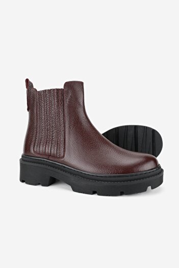 TUNAELLİ Women's Burgundy Genuine Natural Leather Short Heel Chelsea Boots & Booties