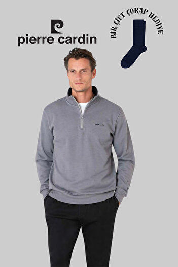 Pierre Cardin Men's Gray Cotton Half Zipper Tracksuit Set 1 Pair of Socks Gift