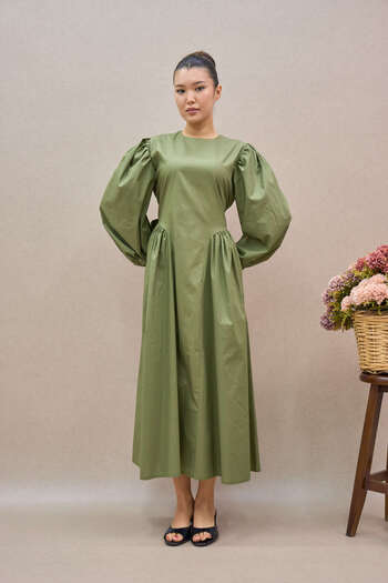 KÜÇÜĞÜM BUTİK Pleated Khaki Green Poplin Long Women's Dress