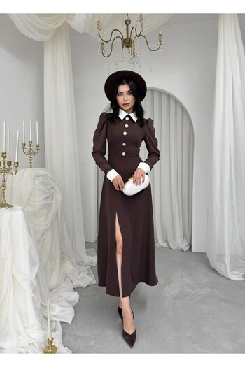 Julidress Φόρεμα Premium με λαβές καφέ, λεπτομέρεια από τούλι με κουμπιά και σκίσιμο