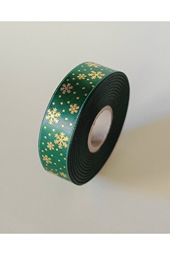 roco paper Christmas Themed Satin Ribbon, Gold Foil Snow Pattern Gift Wrapping Ribbon, Green, 2.5cm X 20m