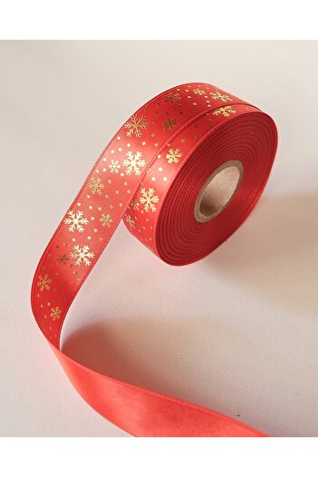 roco paper Christmas Themed Satin Ribbon, Gold Foil Snow Pattern Gift Wrapping Ribbon, Red, 2.5cm X 20m