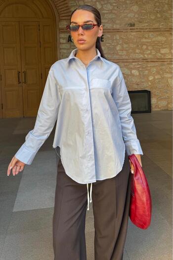 Madmext Blue Straight Cut Buttoned Women's Shirt Mg2583