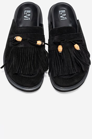 LuviShoes Carol Black Suede Tasseled Genuine Leather Women's Closed Toe Slippers