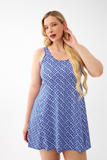 Celira Women's Blue Patterned Plus Size Dress Swimsuit