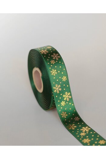 roco paper Christmas Themed Satin Ribbon, Gold Foil Snow Pattern Gift Wrapping Ribbon, Green, 2.5cm X 20m