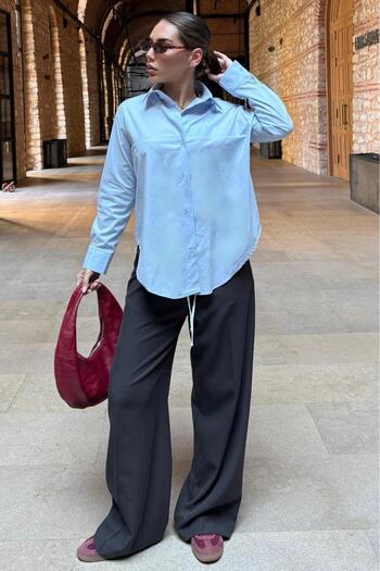 Madmext Blue Straight Cut Buttoned Women's Shirt Mg2583