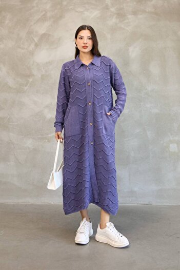 AYASOFYA OTANTIK Women's Purple Shirt Collar Button Closure Pocketed Vintage Loose Cotton Knitwear Long Cardigan Cap