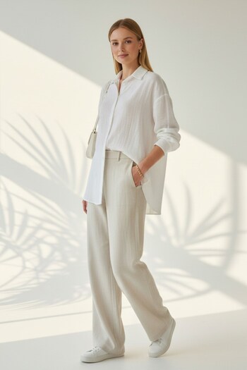Kübra Tekstil Women's White Button down Long Sleeve Classic Collar Textured Shirt Blouse - Women's Shirts