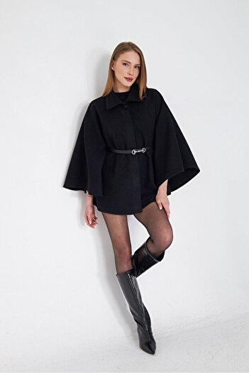 Shiron Sportswear&Company Women's Belted Black Cashmere Poncho - Hijab Tunic