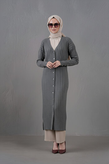 hayal giyim Women's Trend Thin Textured V-Neck Long Cardigan