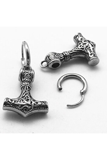 Viking Nordic Motif Thor Mjollnir Ring-Pierced 316L Stainless & Non-Tarnish Steel Earrings Pair