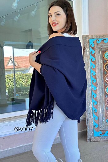 LE CARAMBOLE Women's Navy Blue Tassel Detailed Knitwear Poncho