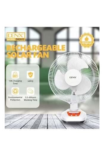 Denx 3-blade solar-powered electric table fan with 2 speeds, 12-inch electric desk fan DX2613