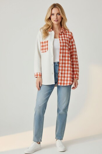 Kübra Tekstil Women's Orange Oversize Fit Plaid Patterned Long Sleeve 100% Cotton Shirt, Jacket, Women's Lumberjack Shirt