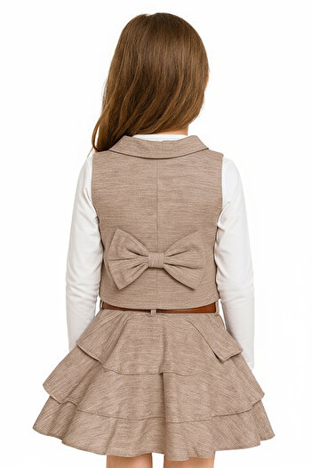 Merdia Girl's Linen Vest, Skirt and White Blouse 3-Piece Set (with Belt Accessory)