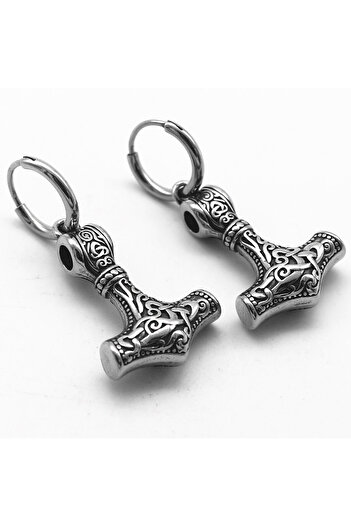 Viking Nordic Motif Thor Mjollnir Ring-Pierced 316L Stainless & Non-Tarnish Steel Earrings Pair