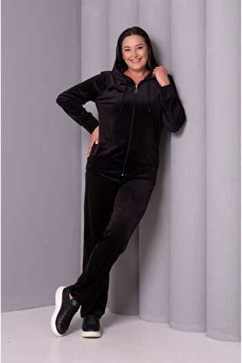 Şans Women's Plus Size Black, Hooded Velvet Tracksuit Set 65N39180