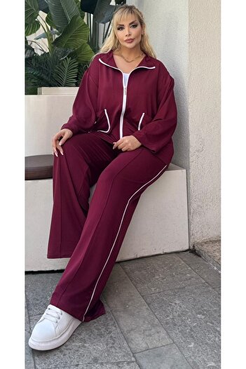 Butik Nilyam Women's Plus Size White Piping Detailed Stretchy Cardigan Sweatpants Set 25051